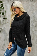 Black Buttoned Wrap Turtleneck Sweater - Femstylo