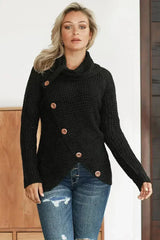 Black Buttoned Wrap Turtleneck Sweater - Femstylo