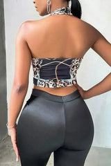 Black Chain Print Underbust Halter Neck Top – Trendy Cross Front Crop Top - Femstylo
