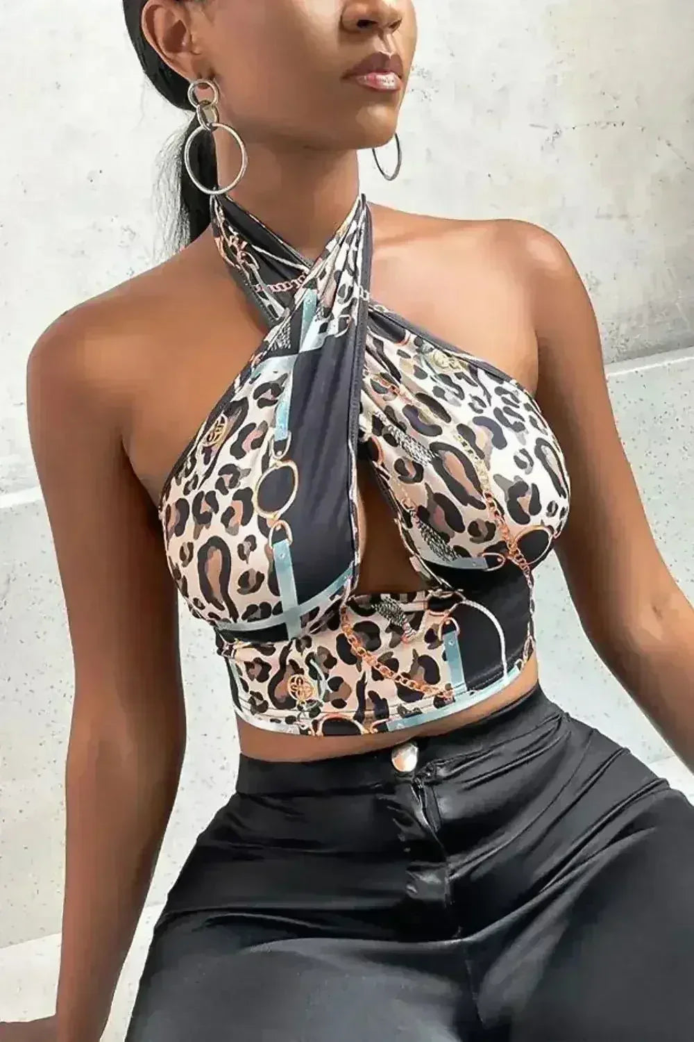 Black Chain Print Underbust Halter Neck Top – Trendy Cross Front Crop Top - Femstylo