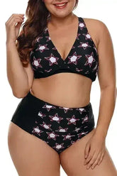 Black 2pcs Starry Plus Size High Waisted Bathing Suit - Femstylo