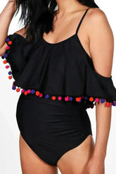 Black Cold Shoulder Pom Pom Maternity One Piece Swimsuit - Femstylo