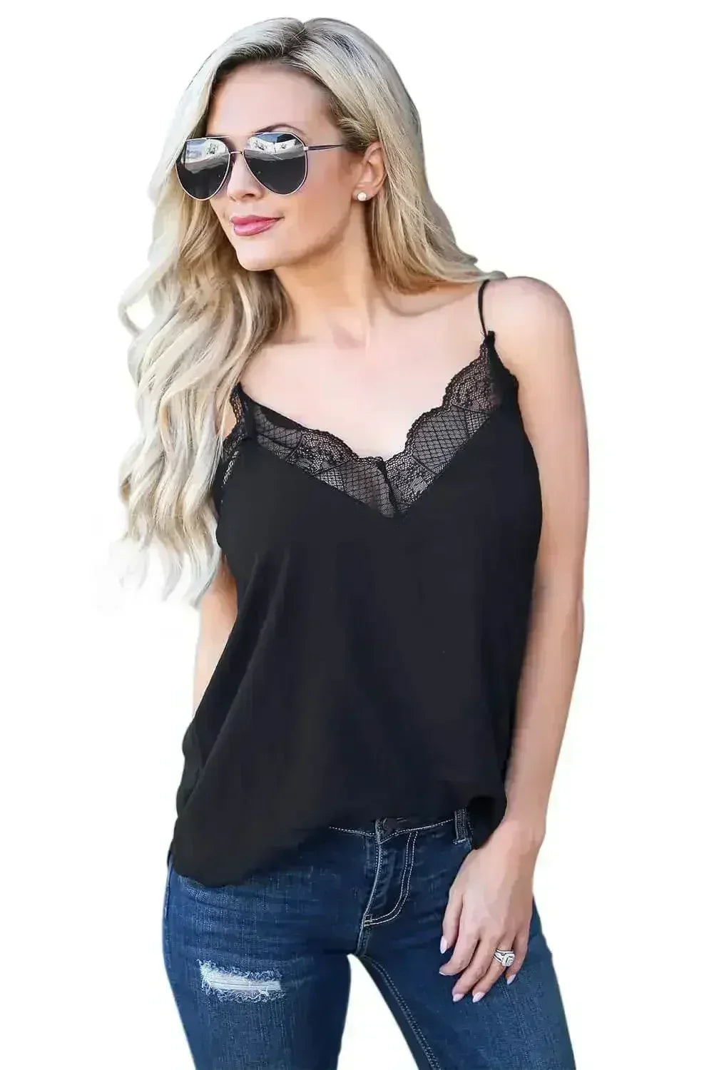 Black Delicate Balance Lace Cami Tank Top - Femstylo