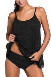 Black Lace Overlay Spaghetti Straps Tankini Swimsuit - Femstylo