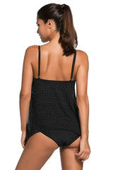 Black Lace Overlay Spaghetti Straps Tankini Swimsuit - Femstylo