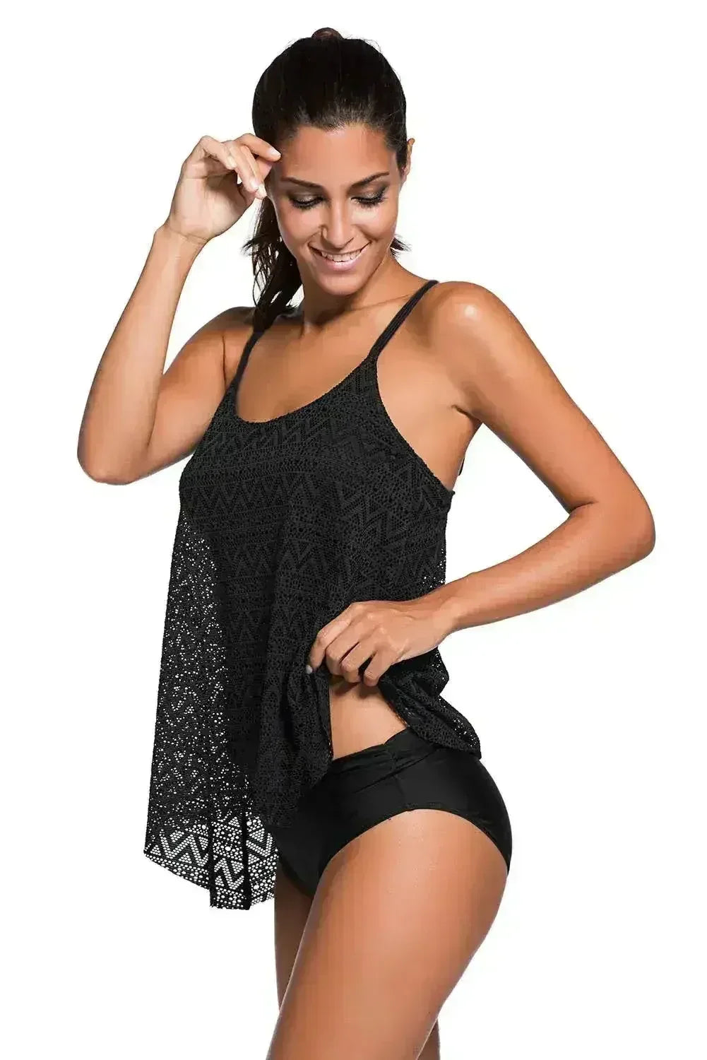 Black Lace Overlay Spaghetti Straps Tankini Swimsuit - Femstylo
