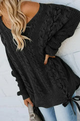 Black Love Letters Lace Up Cable Knit Sweater - Femstylo