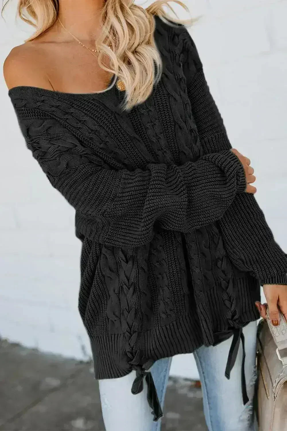 Black Love Letters Lace Up Cable Knit Sweater - Femstylo