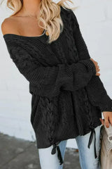 Black Love Letters Lace Up Cable Knit Sweater - Femstylo