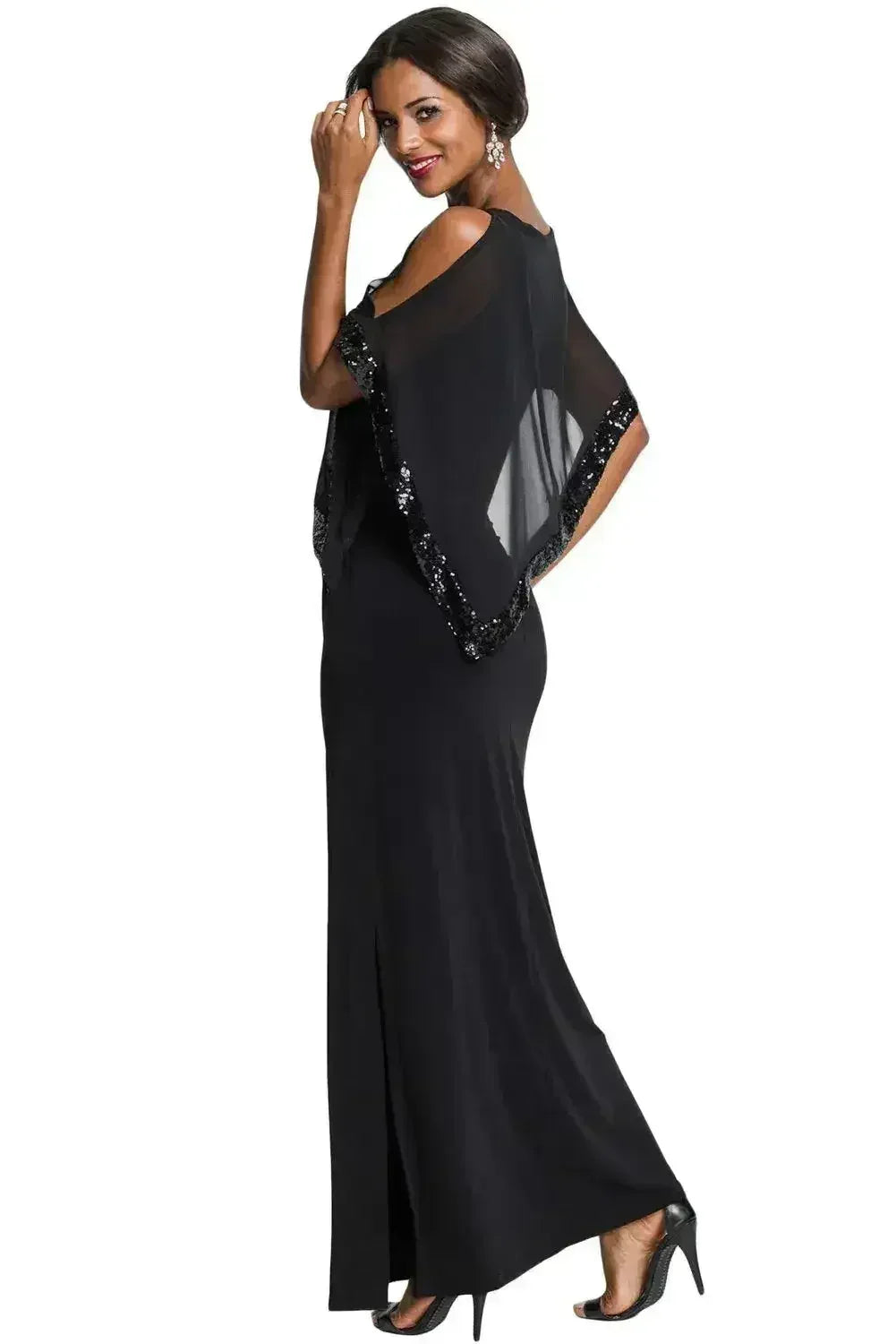 Black Sequin Mesh Overlay Poncho Maxi Party Dress - Femstylo