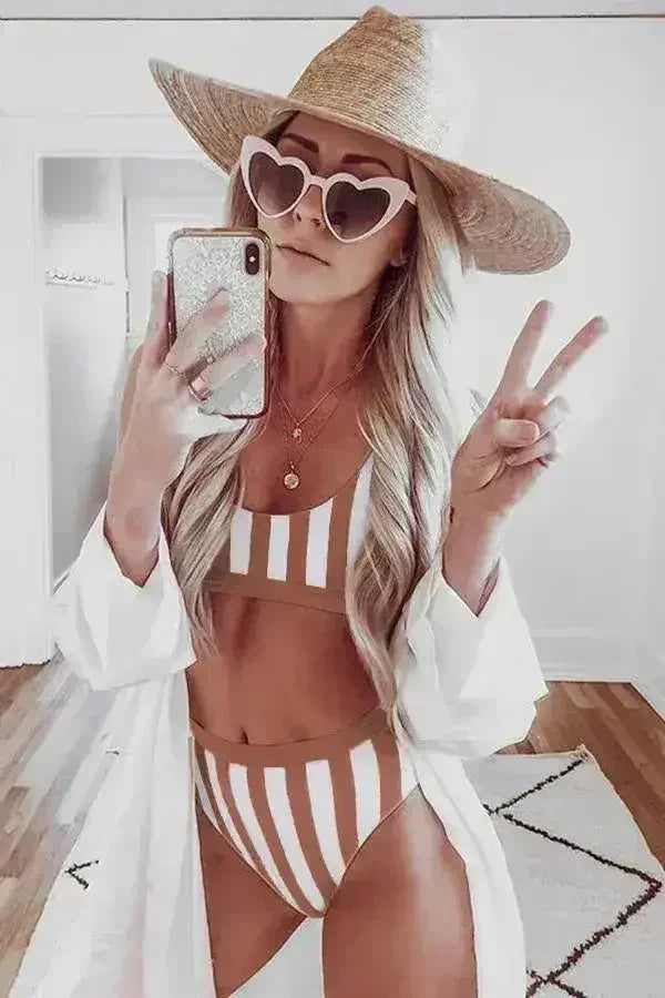 Brown Athletic Striped Tank Sport High Waist Swimwear - Femstylo