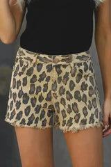 Brown Leopard Mid Waist Frayed Hemline Jean Shorts - Femstylo