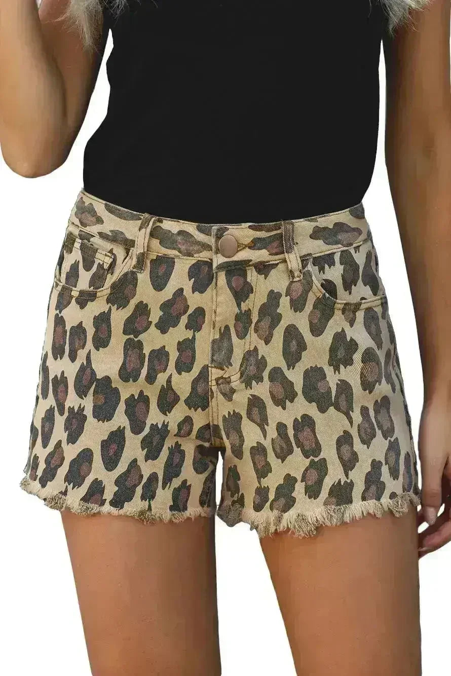 Brown Leopard Mid Waist Frayed Hemline Jean Shorts - Femstylo