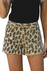 Brown Leopard Mid Waist Frayed Hemline Jean Shorts - Femstylo