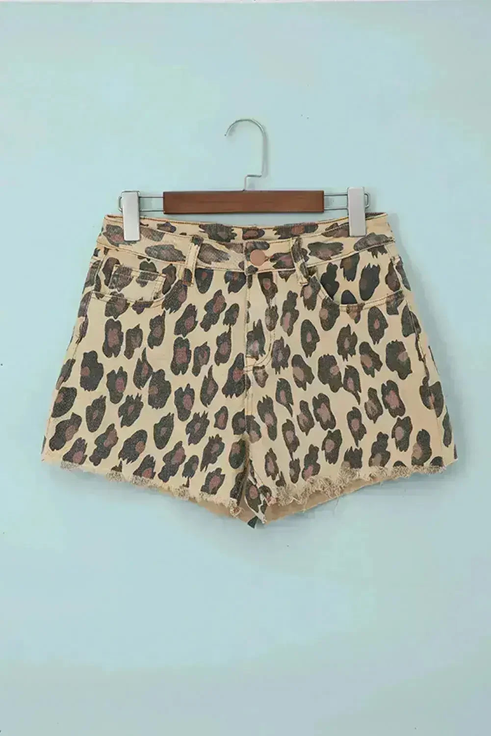 Brown Leopard Mid Waist Frayed Hemline Jean Shorts - Femstylo