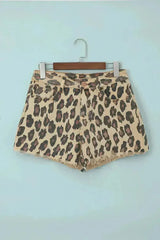 Brown Leopard Mid Waist Frayed Hemline Jean Shorts - Femstylo