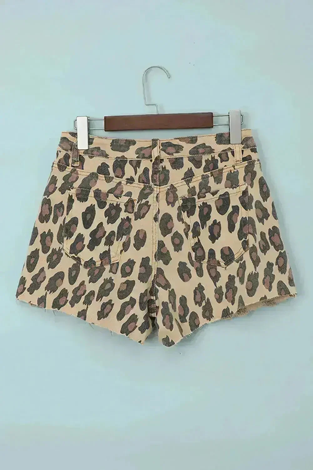 Brown Leopard Mid Waist Frayed Hemline Jean Shorts - Femstylo