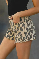 Brown Leopard Mid Waist Frayed Hemline Jean Shorts - Femstylo