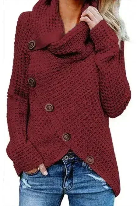 Burgundy Buttoned Wrap Turtleneck Sweater - Femstylo