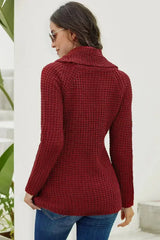 Burgundy Buttoned Wrap Turtleneck Sweater - Femstylo