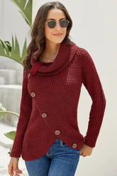 Burgundy Buttoned Wrap Turtleneck Sweater - Femstylo