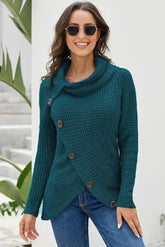 Slate Blue Buttoned Wrap Turtleneck Sweater - Femstylo