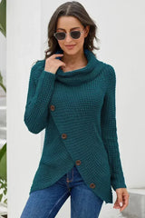 Slate Blue Buttoned Wrap Turtleneck Sweater - Femstylo
