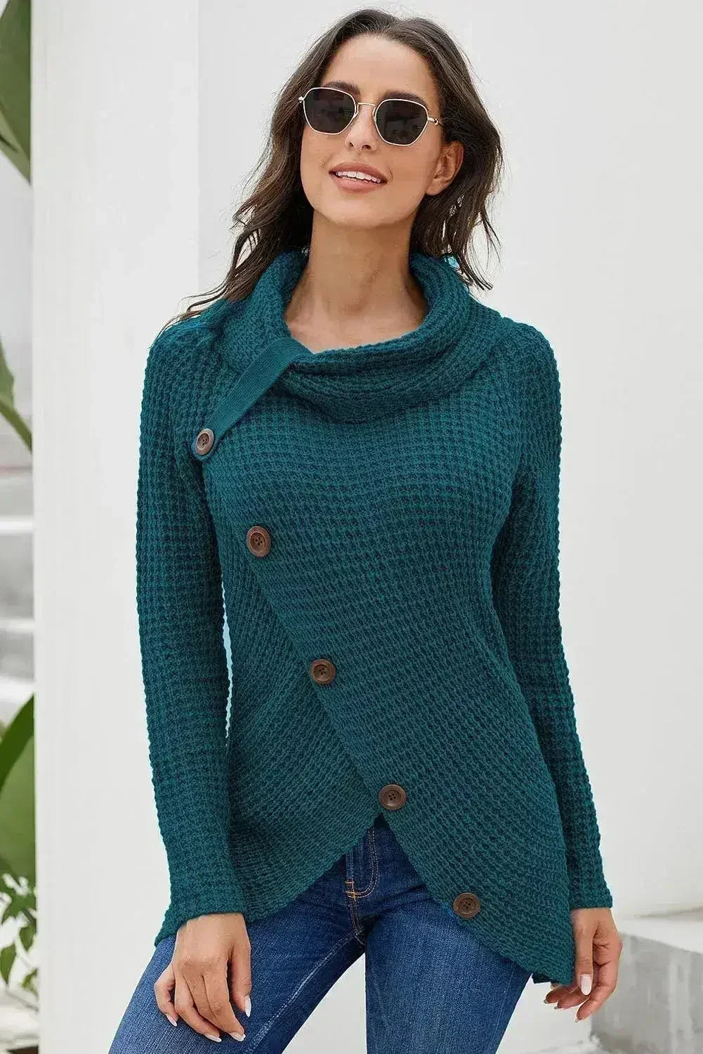 Slate Blue Buttoned Wrap Turtleneck Sweater - Femstylo