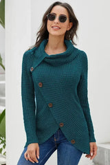 Slate Blue Buttoned Wrap Turtleneck Sweater - Femstylo