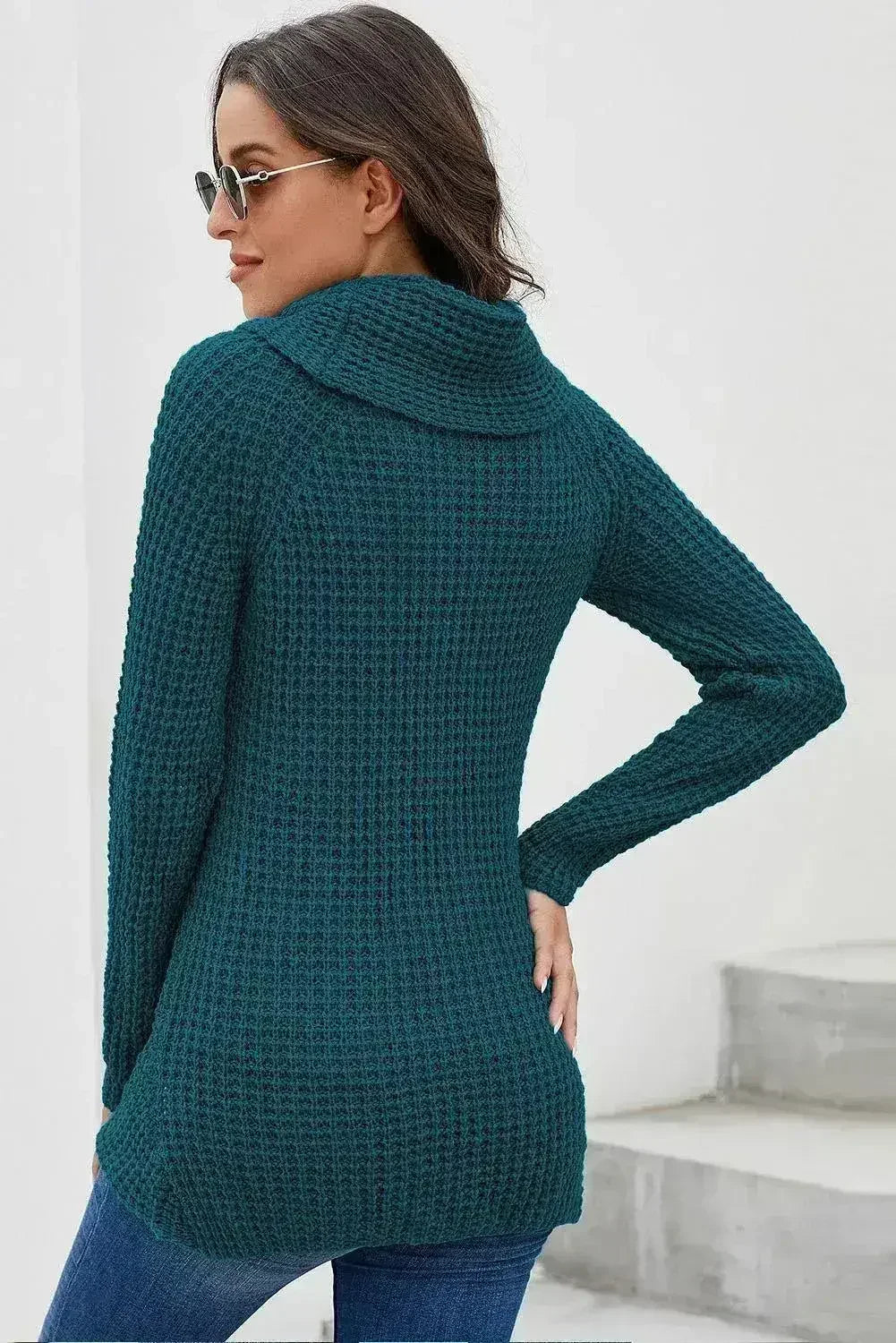 Slate Blue Buttoned Wrap Turtleneck Sweater - Femstylo