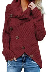 Burgundy Buttoned Wrap Turtleneck Sweater - Femstylo