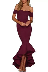 Burgundy Lace Trim Off Shoulder Fishtail Party Dress - Femstylo
