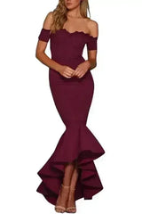 Burgundy Lace Trim Off Shoulder Fishtail Party Dress - Femstylo