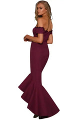 Burgundy Lace Trim Off Shoulder Fishtail Party Dress - Femstylo