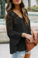 Button Long Sleeve Black Crochet Lace Blouse Top - Femstylo