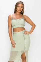Studded Stone Cami Top & Slit Mini Skirts Set - Femstylo