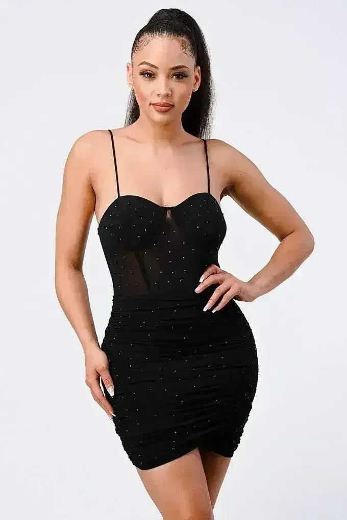 Luxe Glitter Front Mesh Ribbed Cami Mini Dress - Femstylo