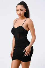 Luxe Glitter Front Mesh Ribbed Cami Mini Dress - Femstylo