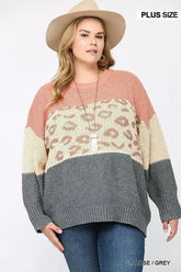 Color Block And Leopard Pattern Mixed Pullover Sweater - Femstylo