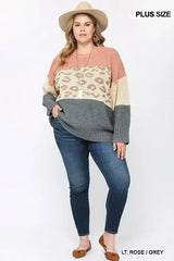 Color Block And Leopard Pattern Mixed Pullover Sweater - Femstylo