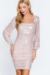 Ruched Metallic Knit Mini Dress - Femstylo