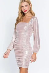 Ruched Metallic Knit Mini Dress - Femstylo