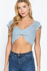 Short Sleeve V-neck Front Knot Detail Sweater Knit Crop Top - Femstylo