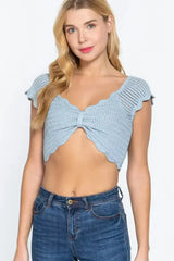Short Sleeve V-neck Front Knot Detail Sweater Knit Crop Top - Femstylo