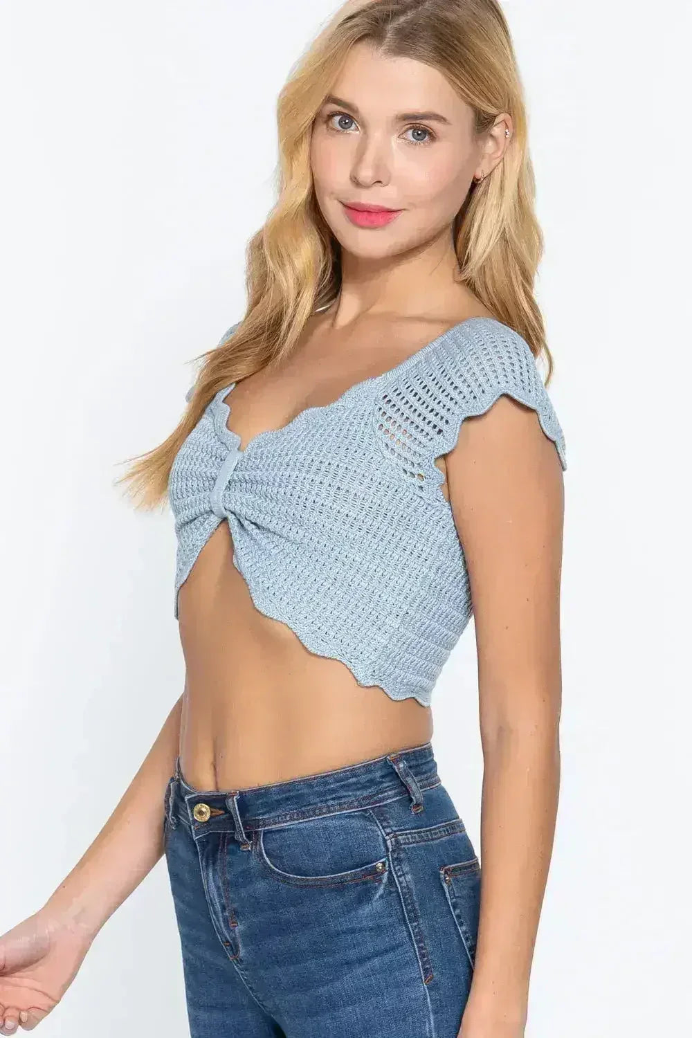 Short Sleeve V-neck Front Knot Detail Sweater Knit Crop Top - Femstylo