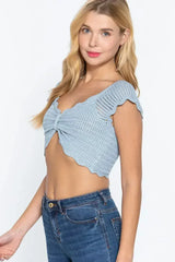 Short Sleeve V-neck Front Knot Detail Sweater Knit Crop Top - Femstylo