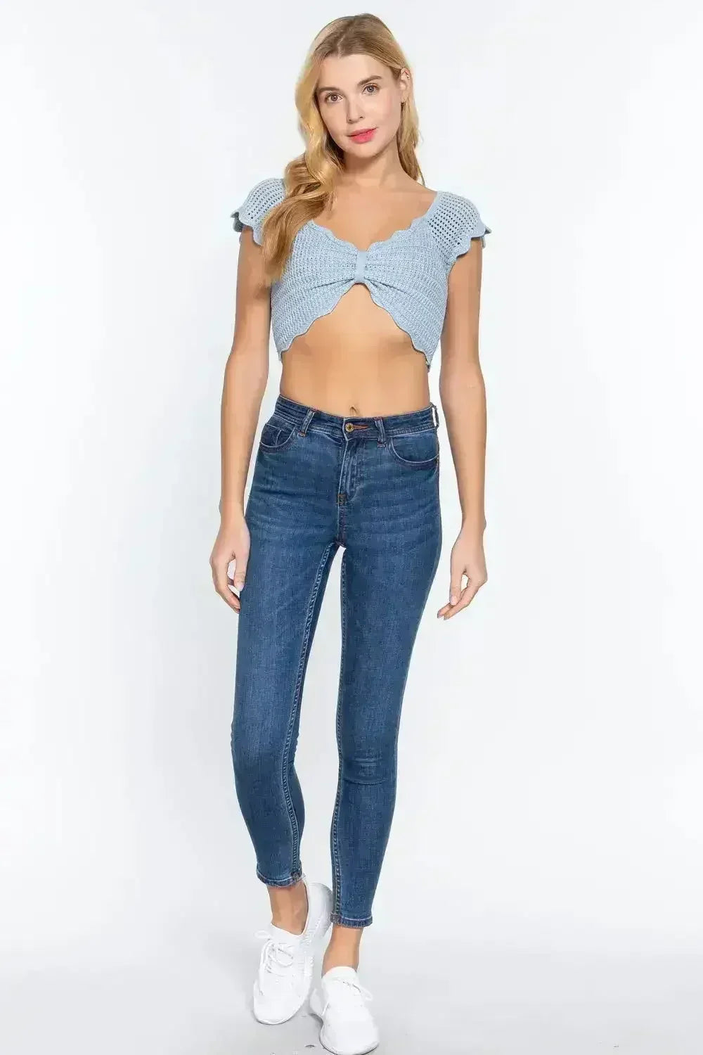 Short Sleeve V-neck Front Knot Detail Sweater Knit Crop Top - Femstylo