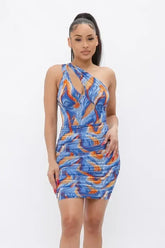 Printed One Shoulder Mini Dress - Femstylo