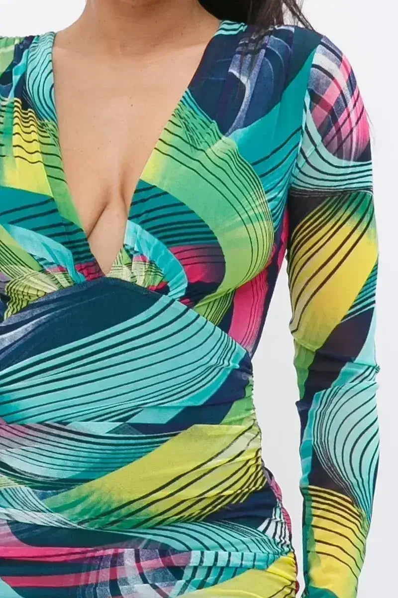 Printed V-Neck Dress - Long Sleeve Flowy Dress | Femstylo - Femstylo