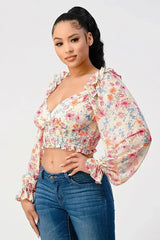 Chic Floral Sweetheart Smocked Body Blouse Top - Femstylo